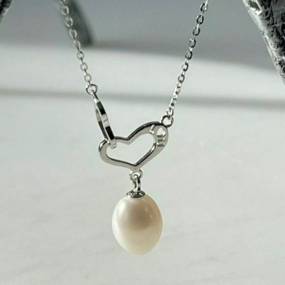 Stamped I LOVE U 925S‎ Silver Drop Freshwater Pearl Pendant Heart Necklace - Picture 9 of 16